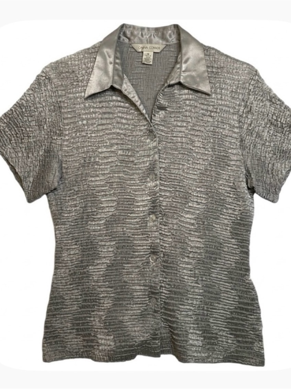 CASUAL CORNER Vintage Pleated Crinkle Blouse, Women’s M, Silver